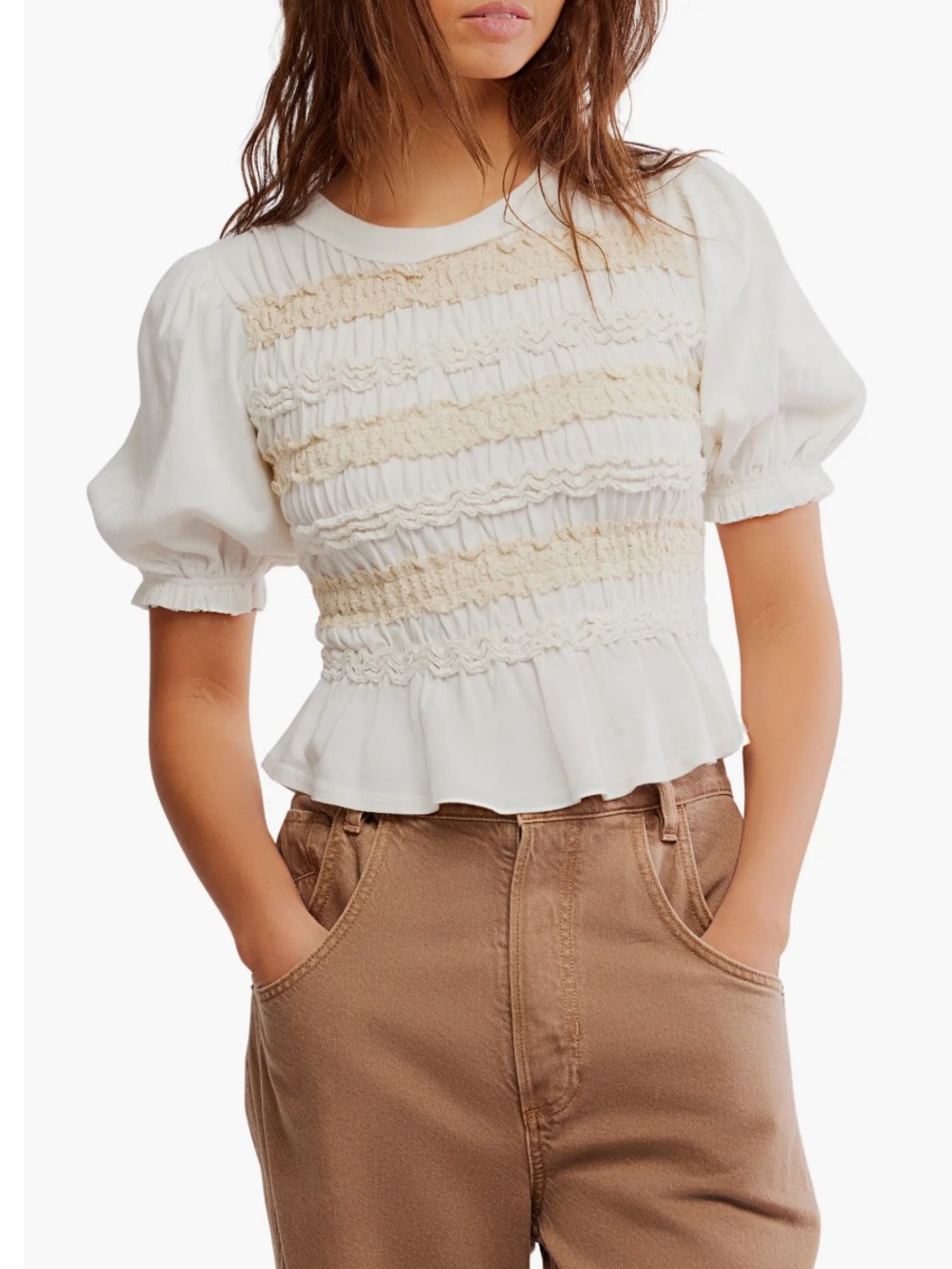 Free People Maxey Lace Trim Cotton Puff Sleeve Top Small